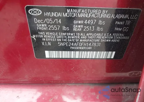 2015 Hyundai Sonata Se z USA, uszkodzony, nr VIN 5NPE24AF0FH147831